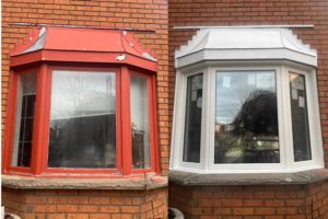 Before and after transformation of window color from red to white for fresh new spring ideas