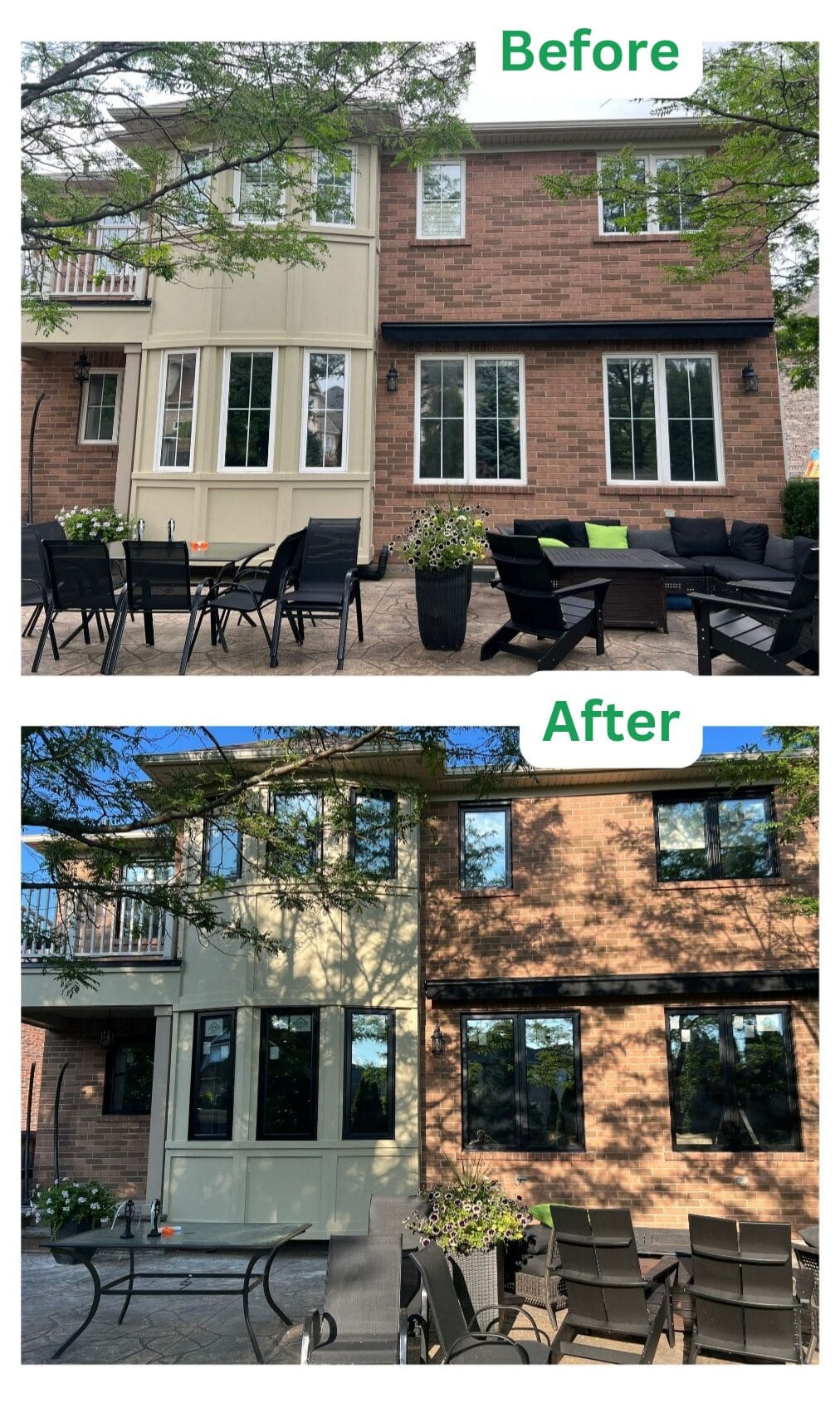 Before and after photos of a window replacement project. The 'before' image shows an old, inefficient window, while the 'after' image features a new NAFS-11 certified window with modern design and improved energy efficiency, highlighting the upgrade in performance and appearance.